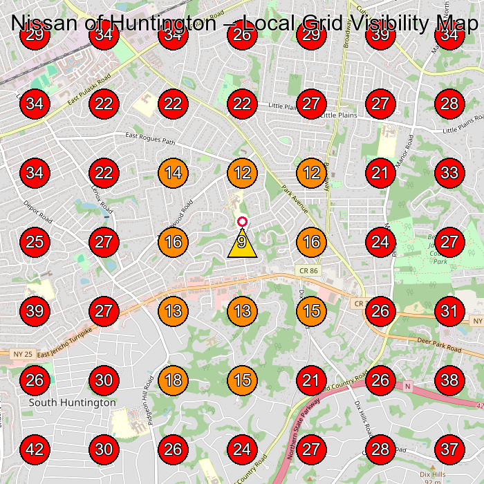 Nissan of Huntington GeoGrid visibility map for Mini Dealer in Huntington Station
